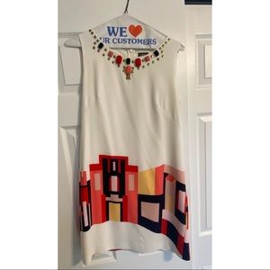Vince Camuto Cream White geometric pink mini sheath dress with beaded neckline